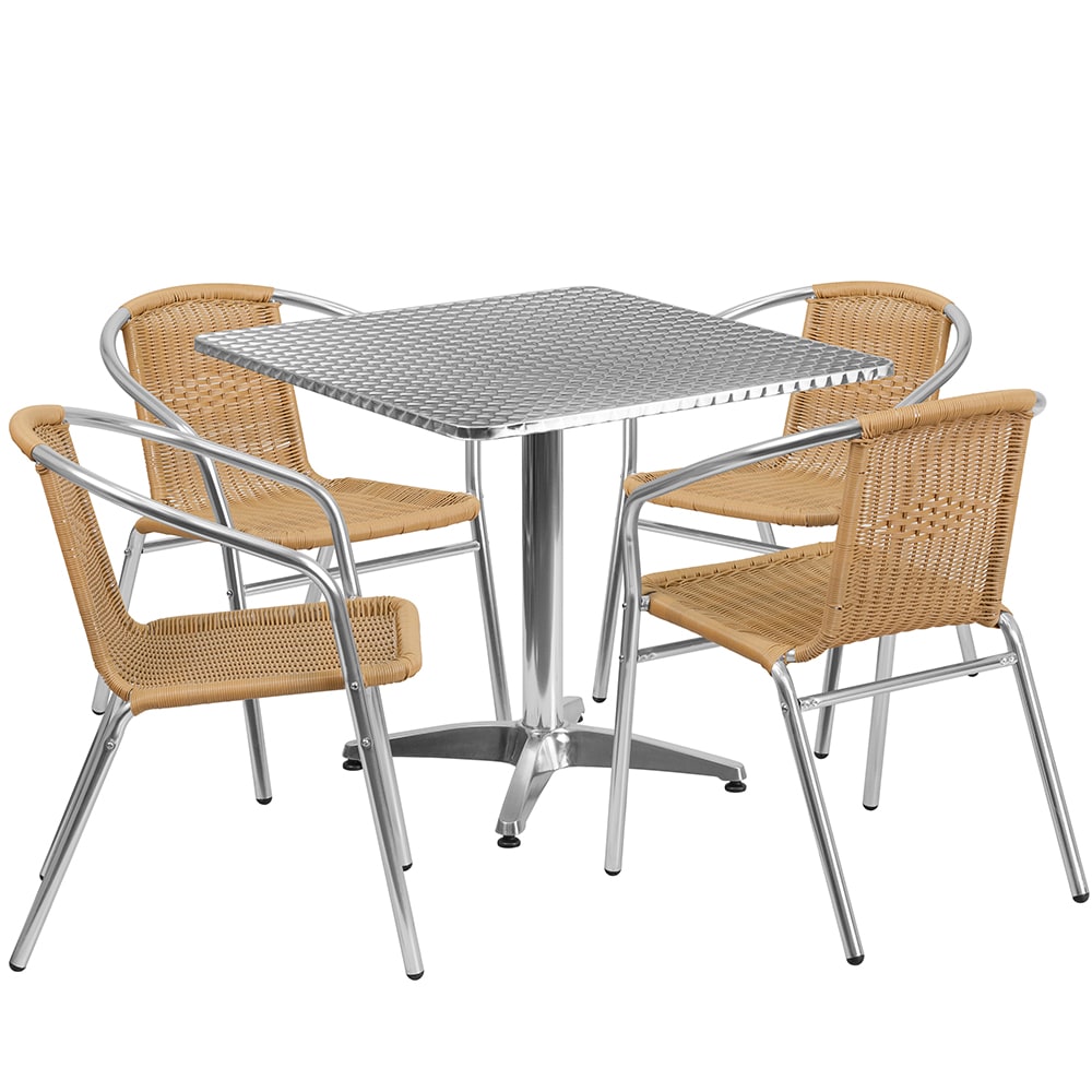 916-32SQ020BGECHR4 31 1/2" Square Patio Table & (4) Beige Rattan Arm Chair Set - Stainle...