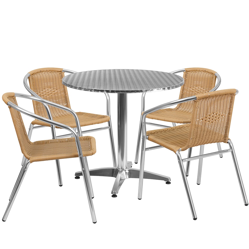 916-32RD020BGECHR4 31 1/2" Round Patio Table & (4) Beige Rattan Arm Chair Set - Stainles...