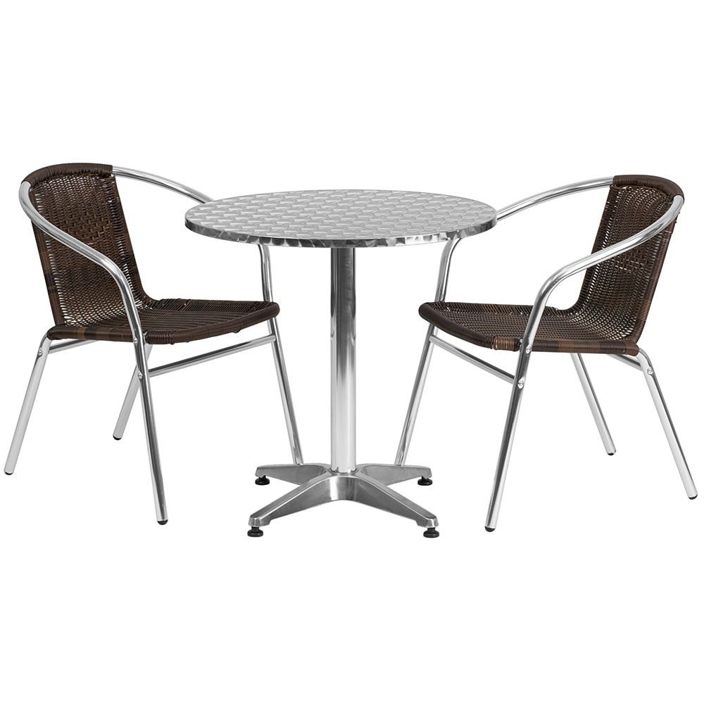 916-28RD020CHR2 27 1/2" Round Patio Table & (2) Brown Rattan Arm Chair Set - Stainless T...