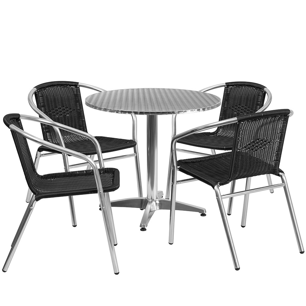 916-32RD020BKCHR4 31 1/2" Round Patio Table & (4) Black Rattan Arm Chair Set - Stainless...
