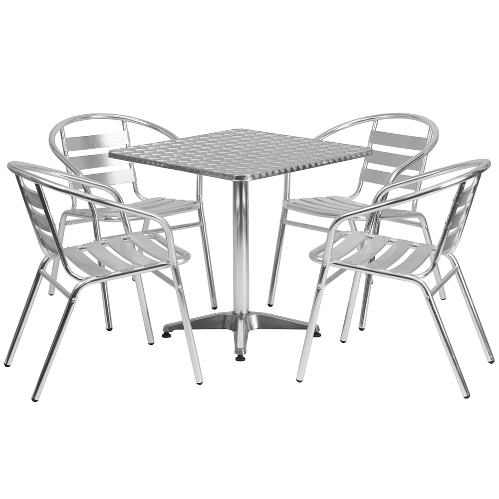 916-TLHA28SQ017BCHR4 27 1/2" Square Patio Table & (4) Arm Chair Set - Stainless Steel To...