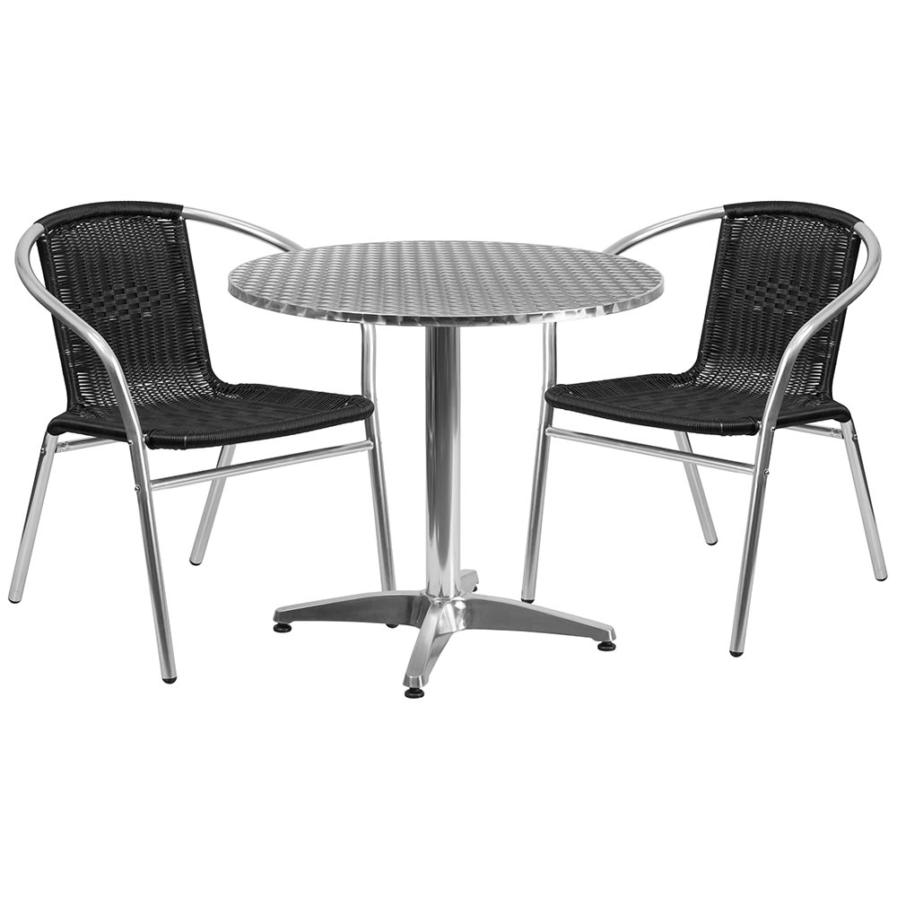 916-32RD020BKCHR2 31 1/2" Round Patio Table & (2) Black Rattan Arm Chair Set - Stainless...