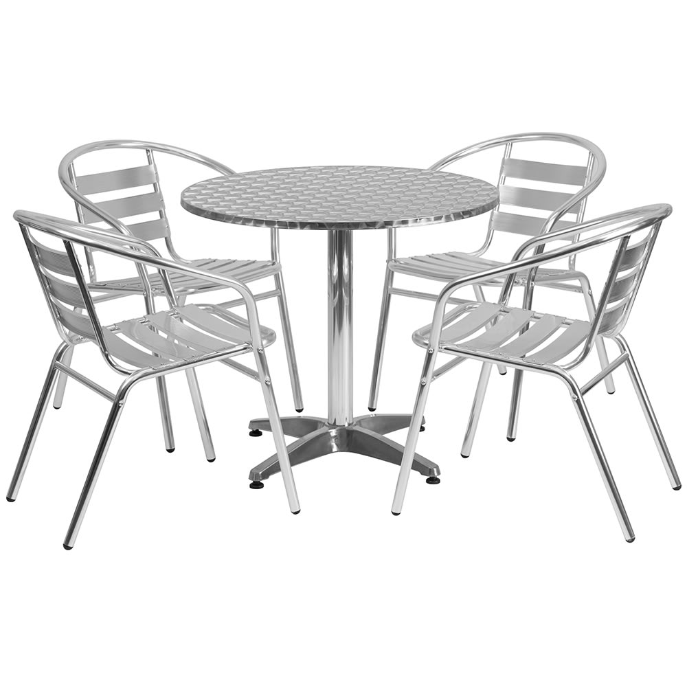 916-32RD017BCHR4 31 1/2" Round Patio Table & 4 Arm Chair Set - Stainless Steel Top, Alum...