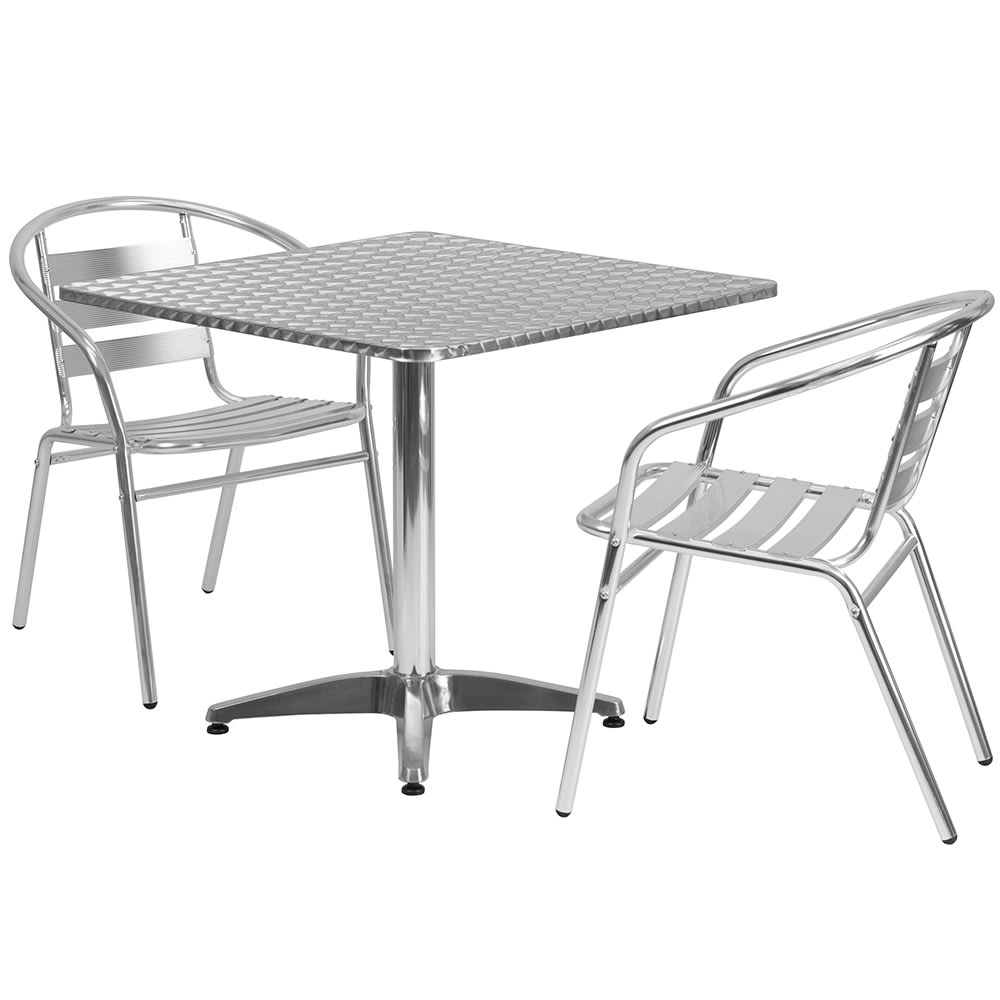 916-32SQ017BCHR2 31 1/2" Square Patio Table & (2) Arm Chair Set - Stainless Steel Top, A...
