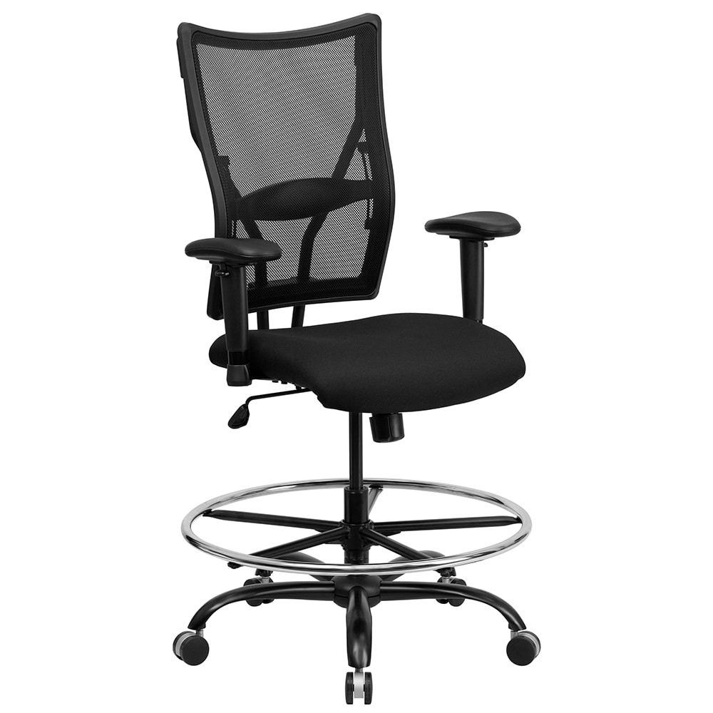 916-WL5029SYGAD Swivel Big & Tall Drafting Stool w/ Arms & High Back - Black Fabric Uphol...