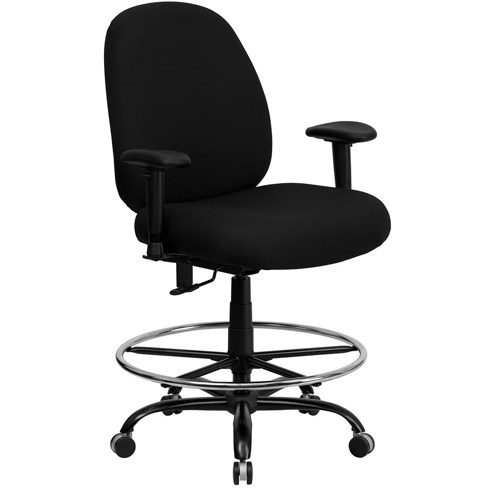 916-WL715MGBKAD Swivel Big & Tall Drafting Stool w/ Arms & High Back - Black Fabric Uphol...
