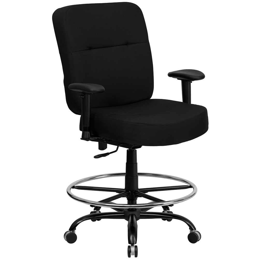 916-WL735SYGBKAD Swivel Big & Tall Drafting Stool w/ Arms & High Back - Black Fabric Upho...