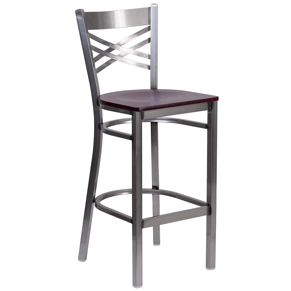 916-X6F8BCLRBMAHW Bar Stool w/ Cross Back & Mahogany Wood Seat, Clear Coat Steel