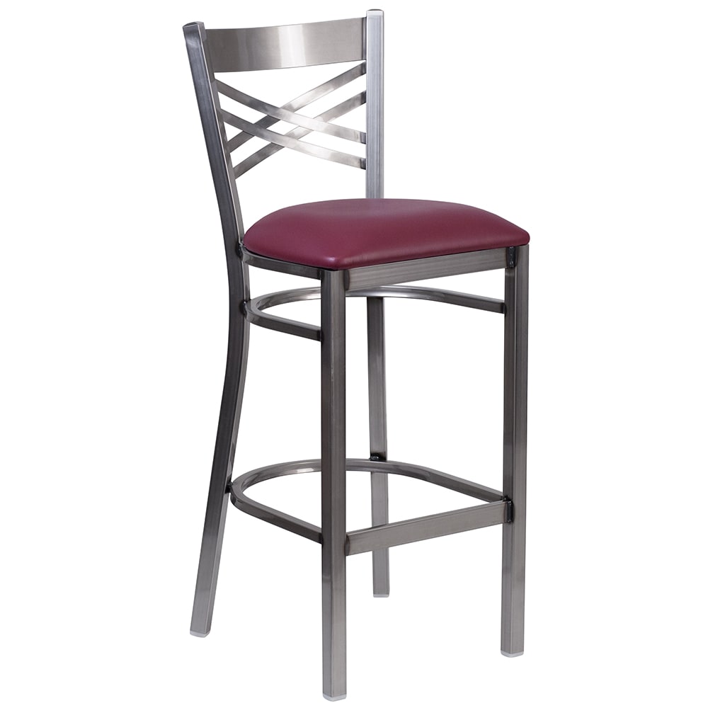 916-X6F8BCLRBBURV Bar Stool w/ Cross Back & Burgundy Vinyl Seat, Clear Coat Steel