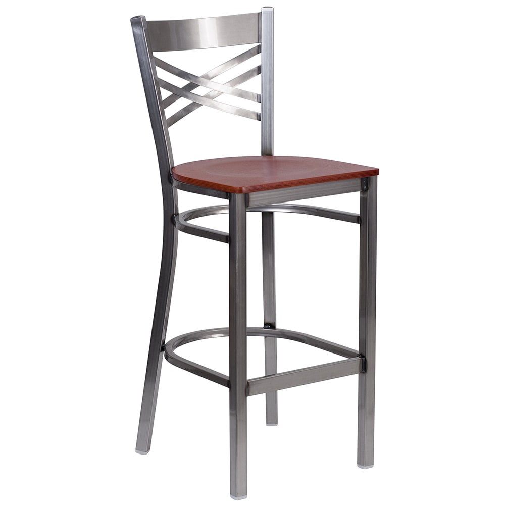 916-X6F8BCLRBCHYW Bar Stool w/ Cross Back & Cherry Wood Seat, Clear Coat Steel