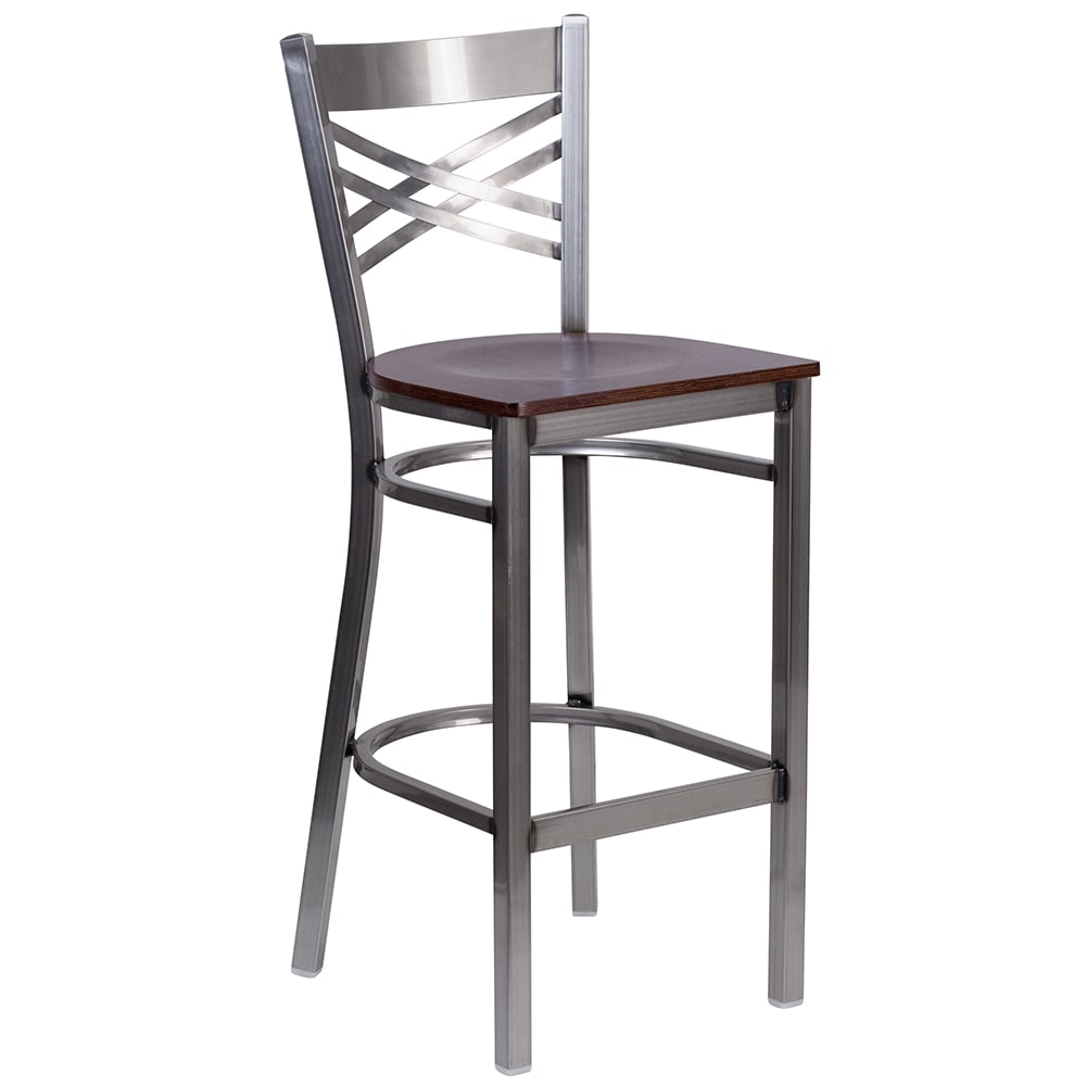 916-X6F8BCLRBWALW Bar Stool w/ Cross Back & Walnut Wood Seat, Clear Coat Steel