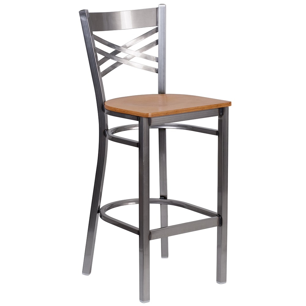916-X6F8BCLRBNATW Bar Stool w/ Cross Back & Natural Wood Seat, Clear Coat Steel