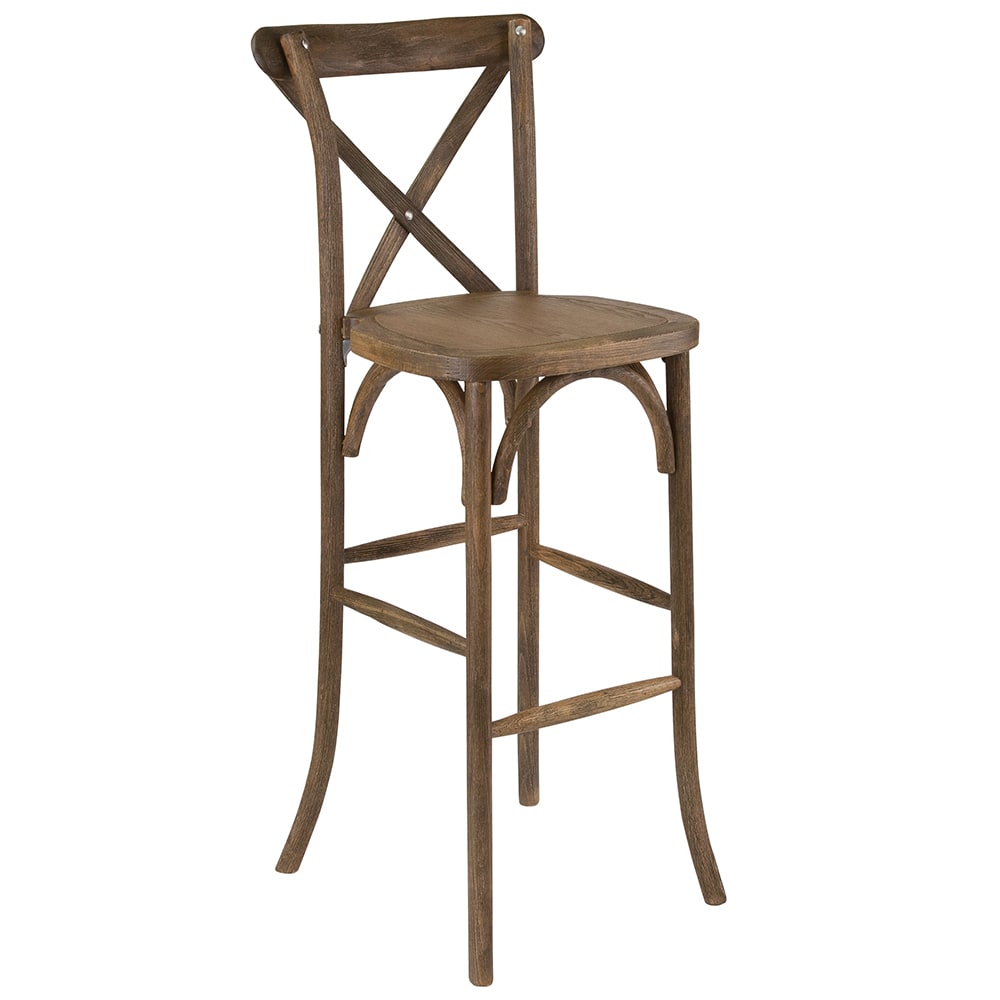 916-XAXBGO Stacking Bar Stool w/ Cross Back & Wood Seat, Dark Antique