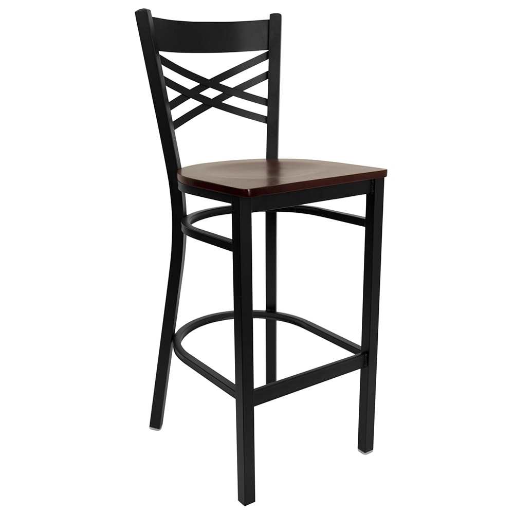 916-X6F8BXBKBMAHW Bar Stool w/ Cross Back & Mahogany Wood Seat, Black