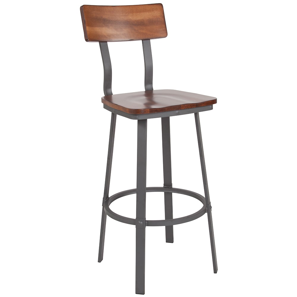 916-XDG60582B Bar Stool w/ Walnut Wood Back & Wood Seat, Gray