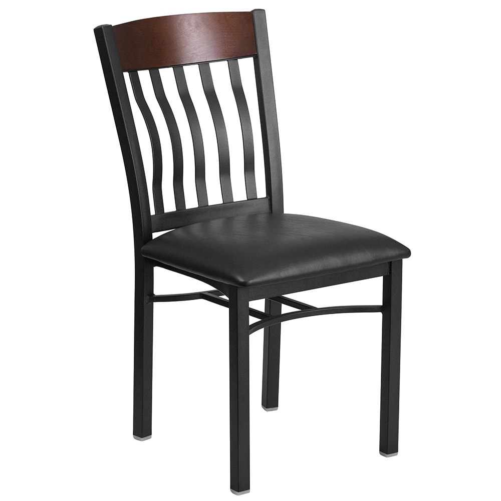 916-XDG60618WALBLKV Restaurant Chair w/ Walnut Wood Slat Back & Black Vinyl Seat - Steel Fram...