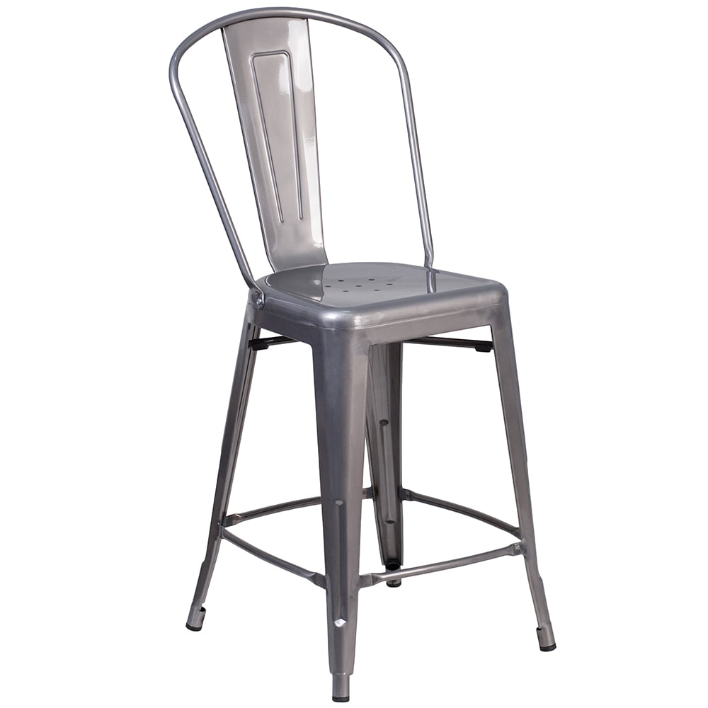 916-XDGTP001B24 Bar Stool w/ Curved Back & Metal Seat, Silver