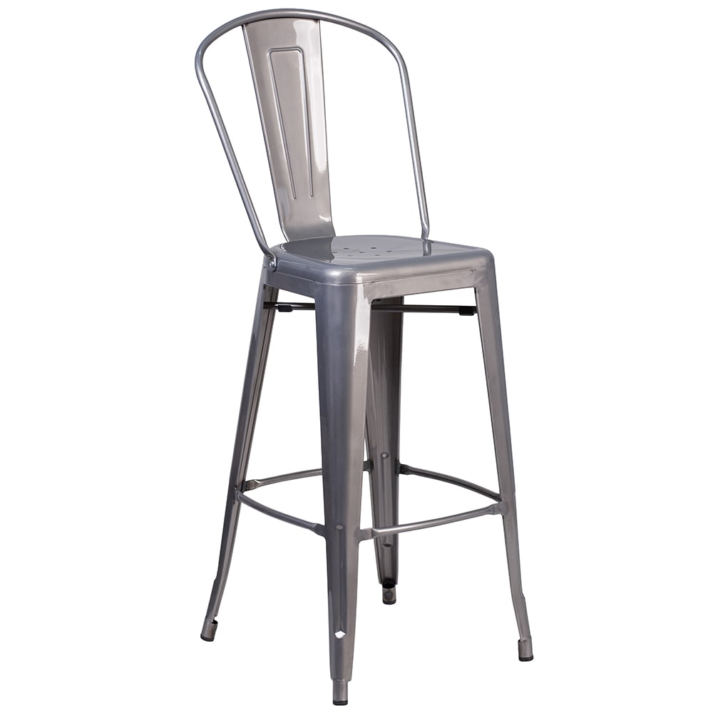 916-XDGTP001B30 Bar Stool w/ Curved Back & Metal Seat, Silver