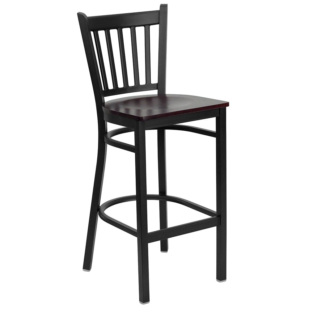 916-XDG6R6BVBMAHW Bar Stool w/ Metal Vertical Slat Back & Mahogany Wood Seat, Black
