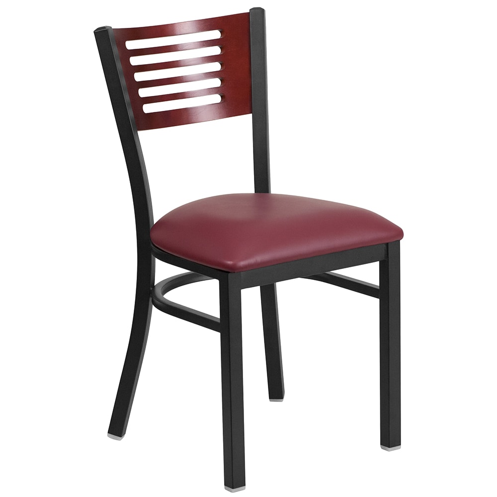 916-XDG6G5BMAHBURV Restaurant Chair w/ Mahogany Wood Back & Burgundy Vinyl Seat - Steel Frame...