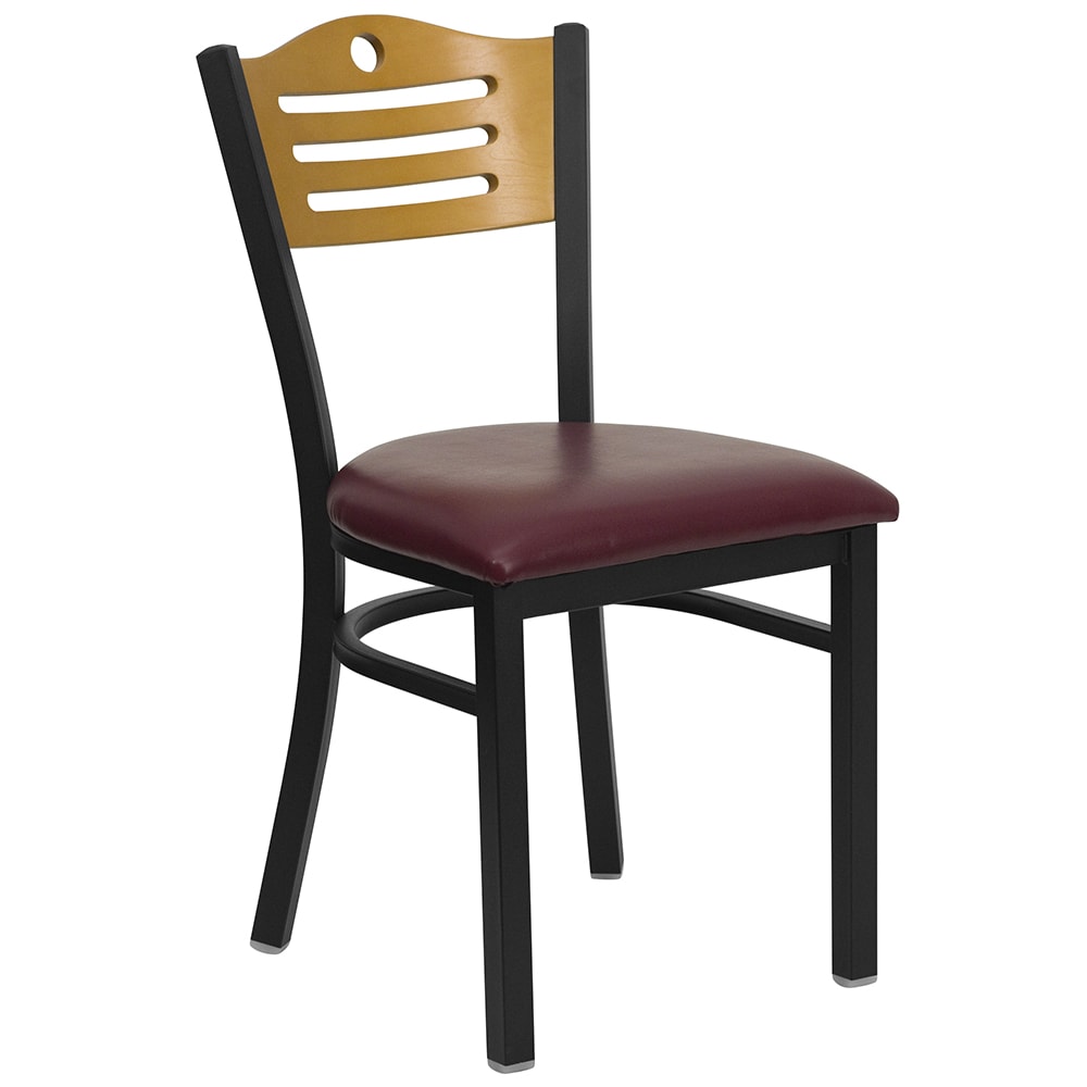 916-XDG6G7BSLATBURV Restaurant Chair w/ Natural Wood Back & Burgundy Vinyl Seat - Steel Frame...