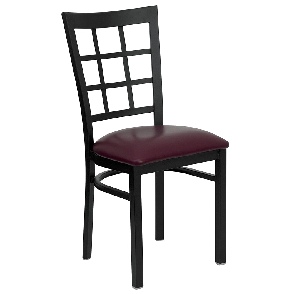 916-XDG6Q3BWBURV Restaurant Chair w/ Window Pane Back & Burgundy Vinyl Seat - Steel Frame, Bl...