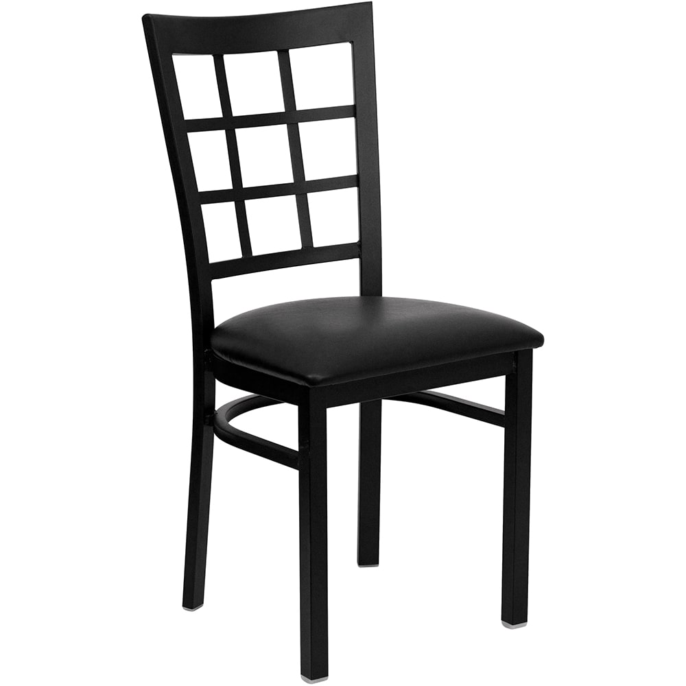 916-XDG6Q3BWBLKV Restaurant Chair w/ Window Pane Back & Black Vinyl Seat - Steel Frame, Black