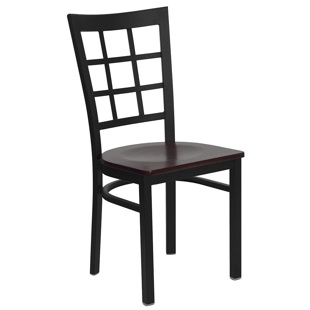 916-XDG6Q3BWMAHW Restaurant Chair w/ Window Pane Back & Mahogany Wood Seat - Steel Frame, Bla...