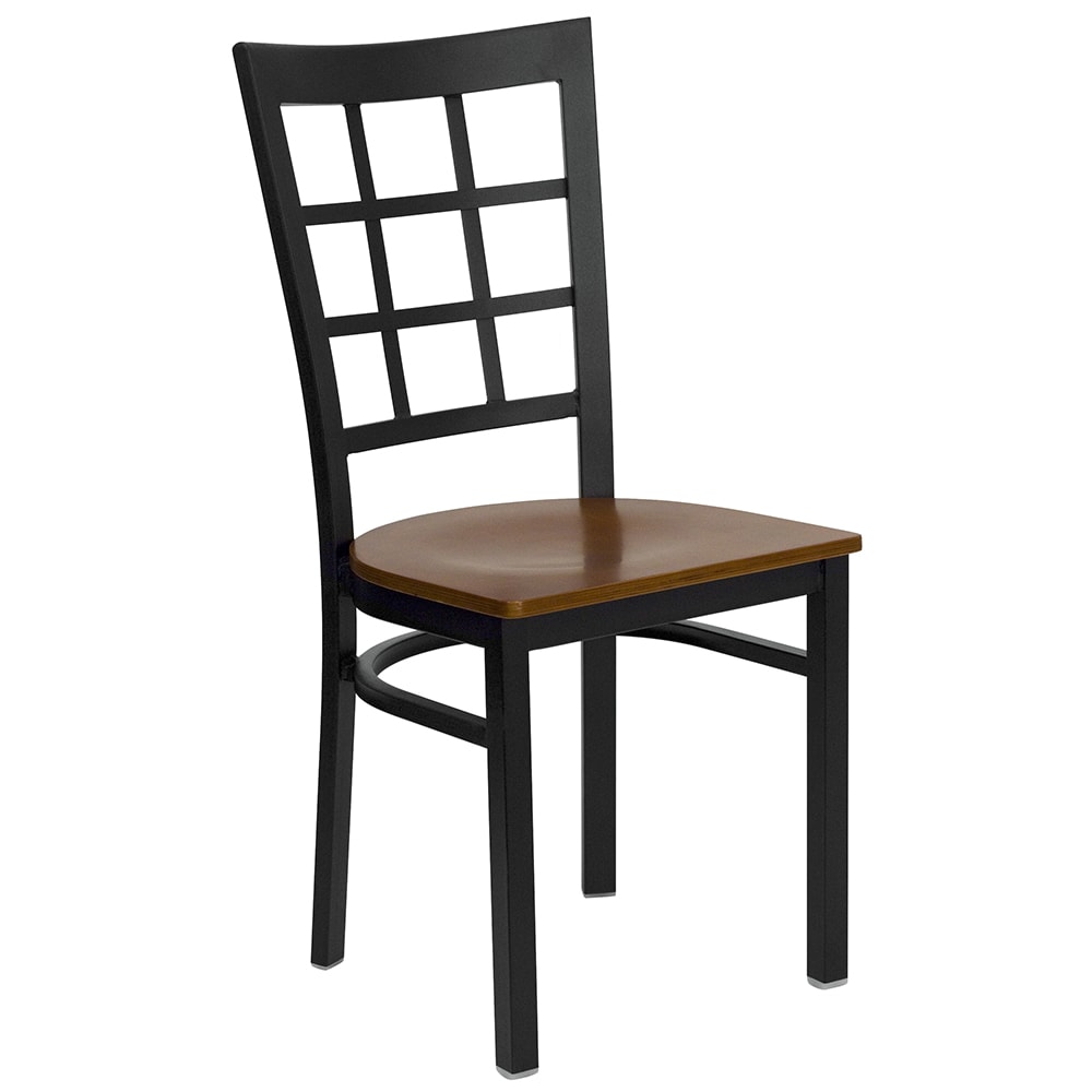 916-XDG6Q3BWCHYW Restaurant Chair w/ Window Pane Back & Cherry Wood Seat - Steel Frame, Black