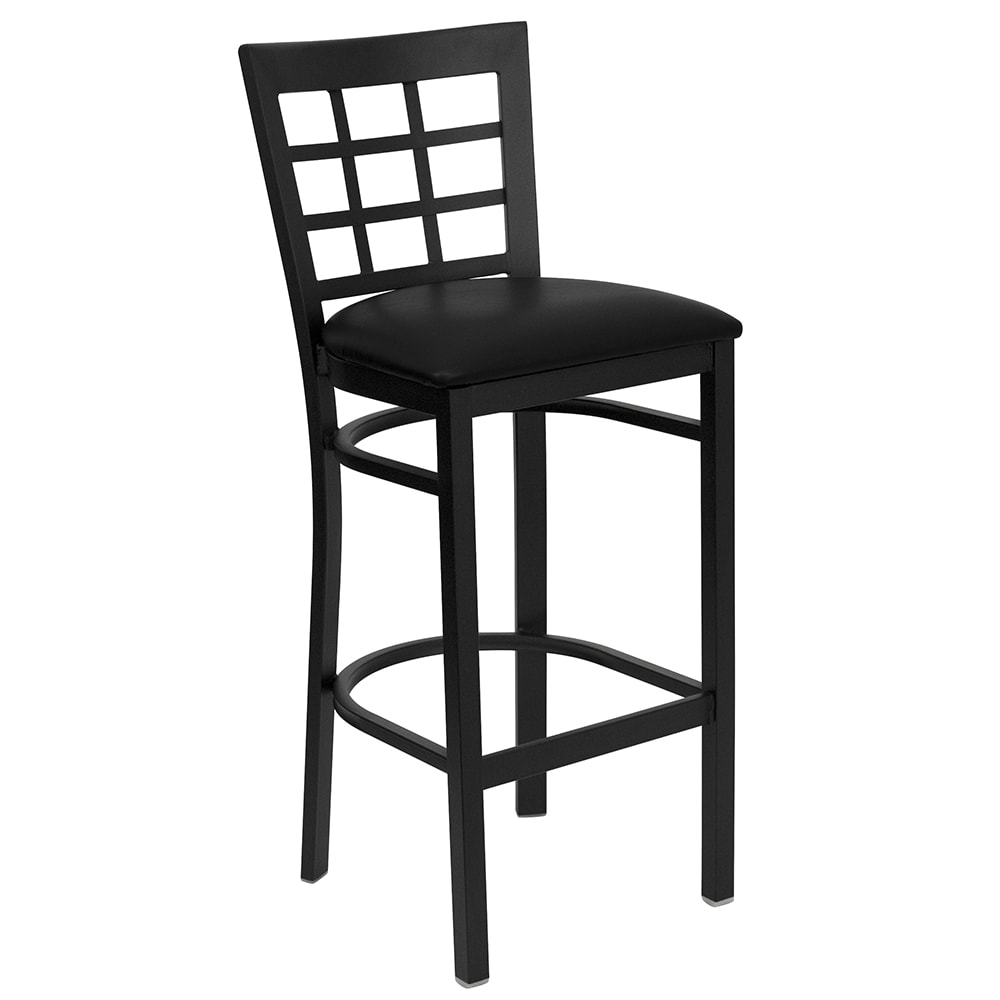 916-XDG6R7BWBBLKV Bar Stool w/ Metal Window Pane Back & Black Vinyl Seat, Black