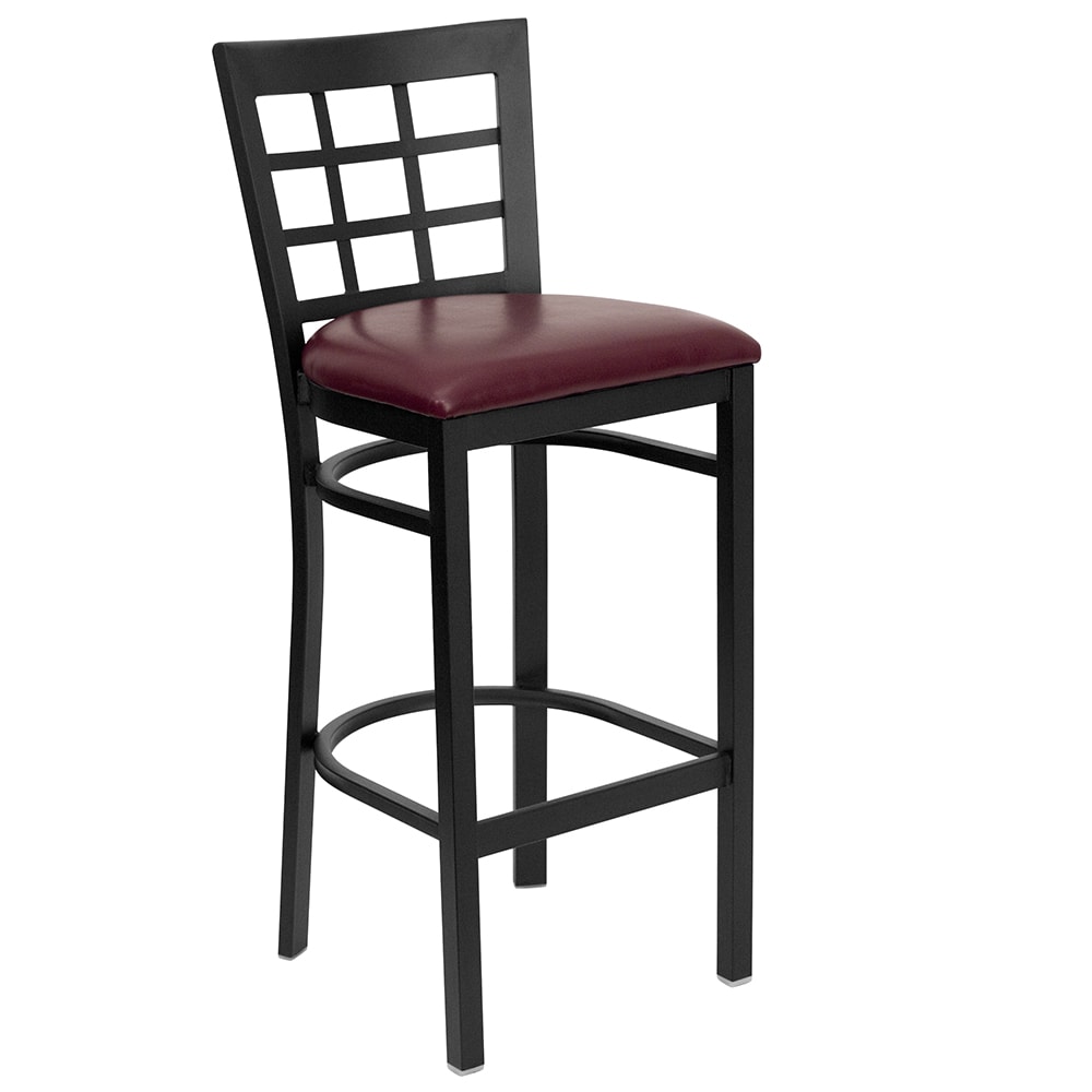 916-XDG6R7BWBBURV Bar Stool w/ Metal Window Pane Back & Burgundy Vinyl Seat, Black