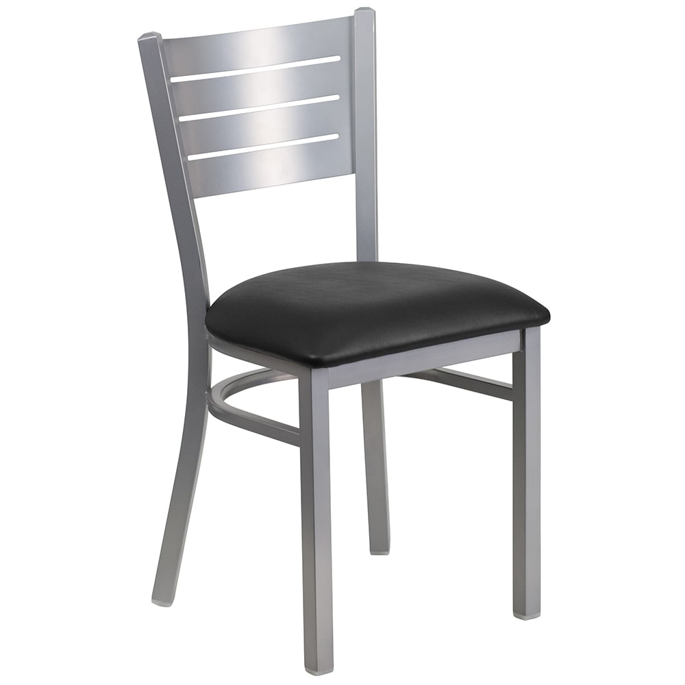 916-XDG60401BLKV Restaurant Chair w/ Slat Back & Black Vinyl Seat - Steel Frame, Silver