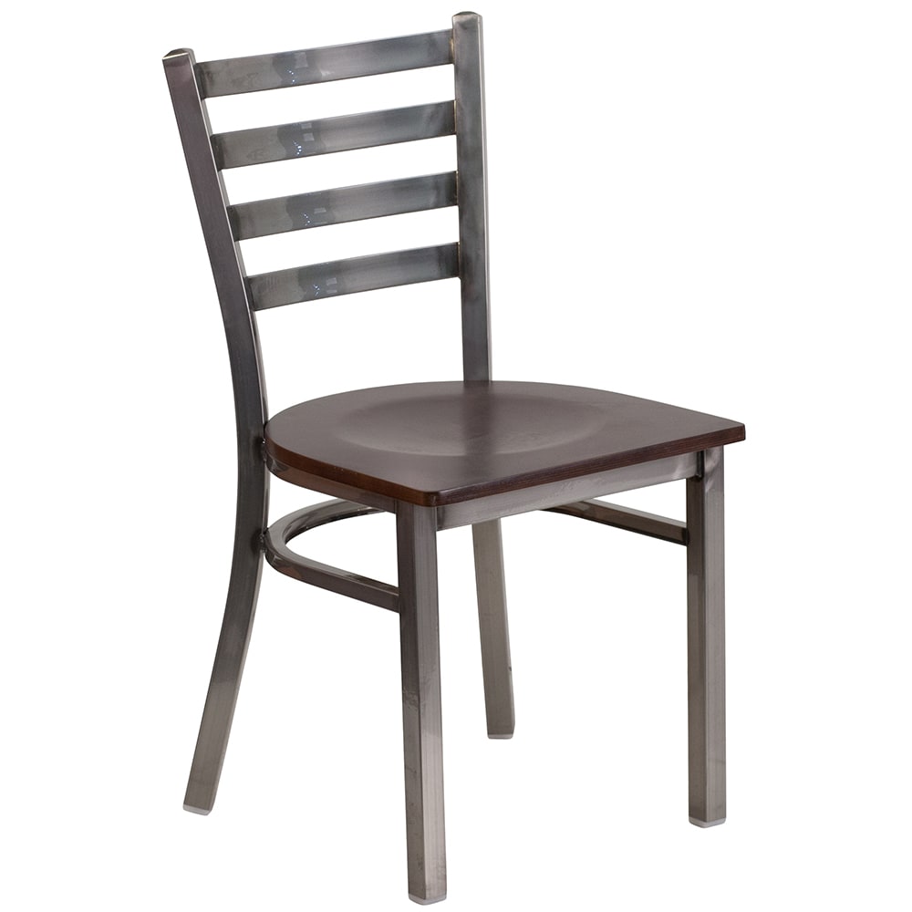 916-XDG694BLCLRWW Restaurant Chair w/ Ladder Back & Walnut Wood Seat - Steel Frame, Silver