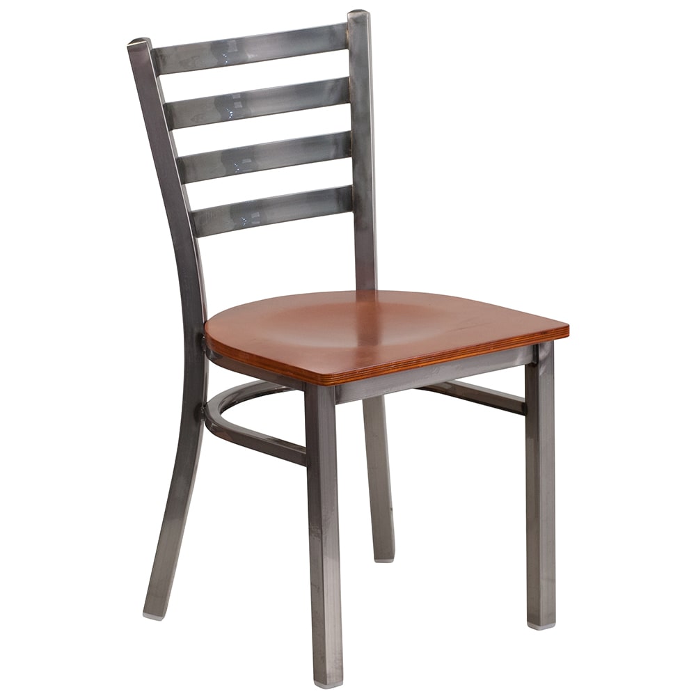 916-XDG694BLCLRCHYW Restaurant Chair w/ Ladder Back & Cherry Wood Seat - Steel Frame, Silver