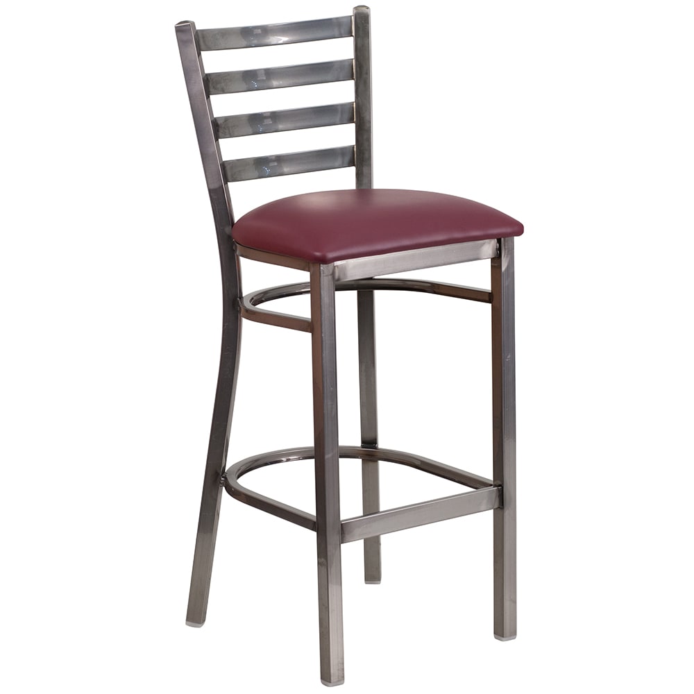 916-XDG697BLCLRBBURV Bar Stool w/ Ladder Back & Burgundy Vinyl Seat, Clear Coat Steel