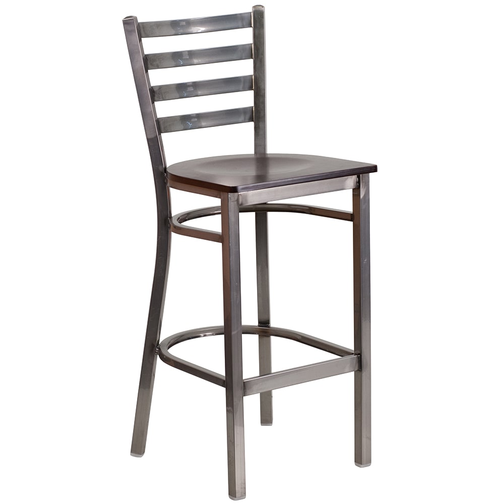 916-XDG697BLCLRBWW Bar Stool w/ Ladder Back & Walnut Wood Seat, Clear Coat Steel
