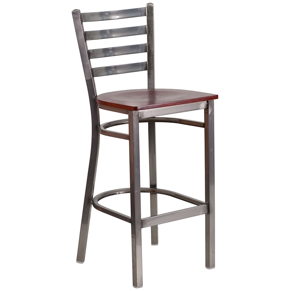 916-XDG697BLCLRBMW Bar Stool w/ Ladder Back & Mahogany Wood Seat, Clear Coat Steel