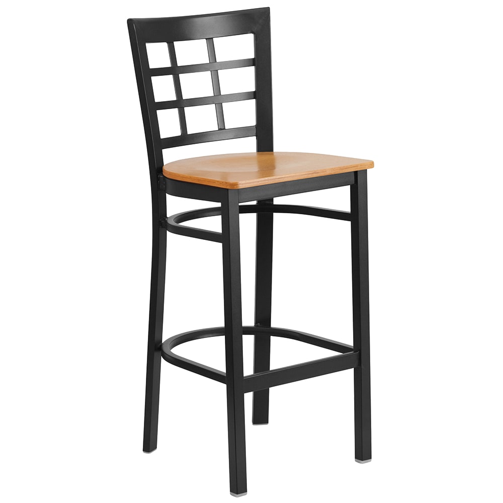 916-XDG6R7BWBNATW Bar Stool w/ Metal Window Pane Back & Natural Wood Seat, Black