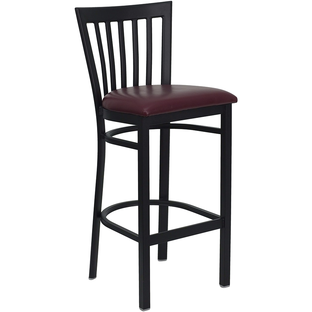 916-XDG6R8BSCHBBURV Bar Stool w/ Metal Schoolhouse Back & Burgundy Vinyl Seat, Black