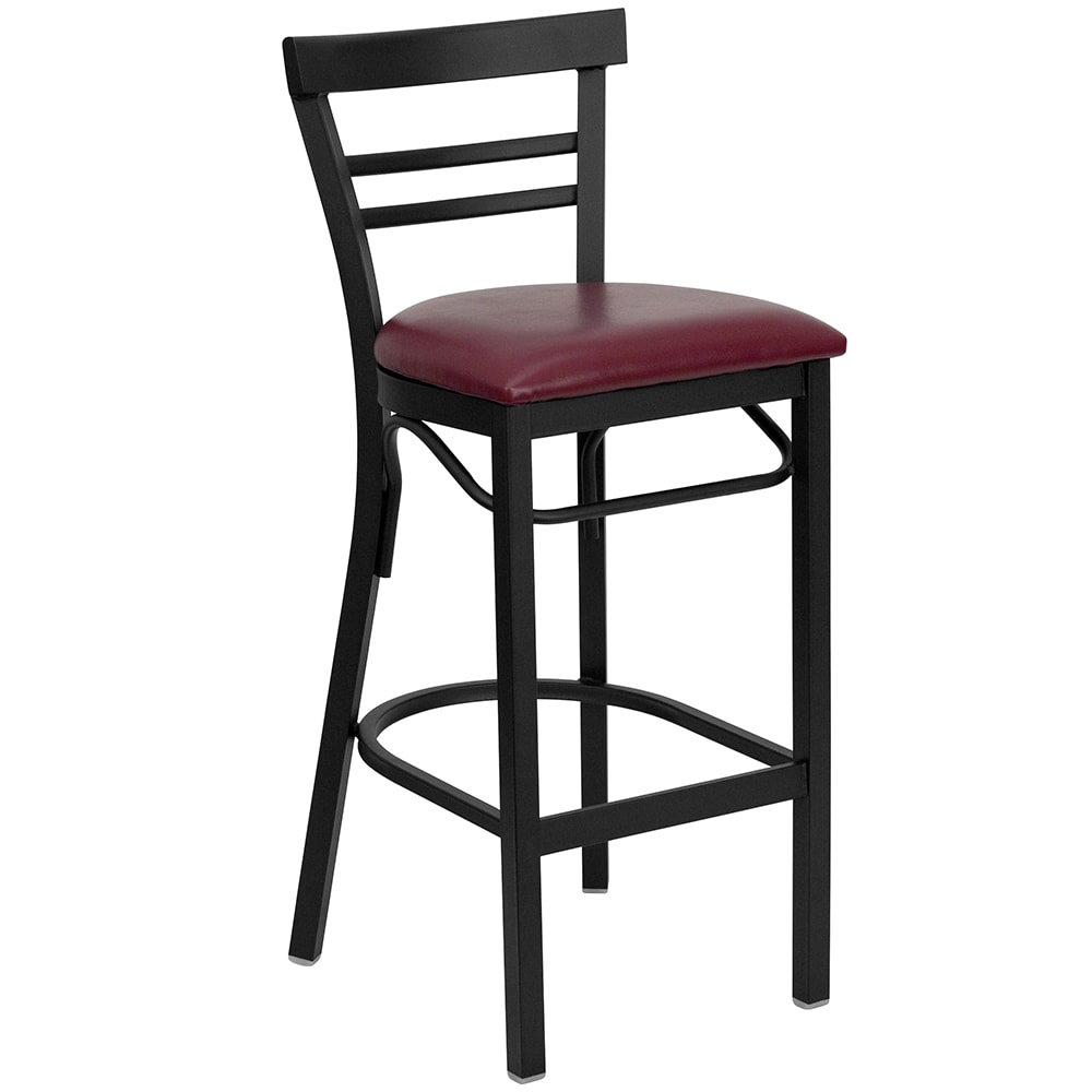 916-XDG6R9BLADBBURV Bar Stool w/ Metal Ladder Back & Burgundy Vinyl Seat, Black