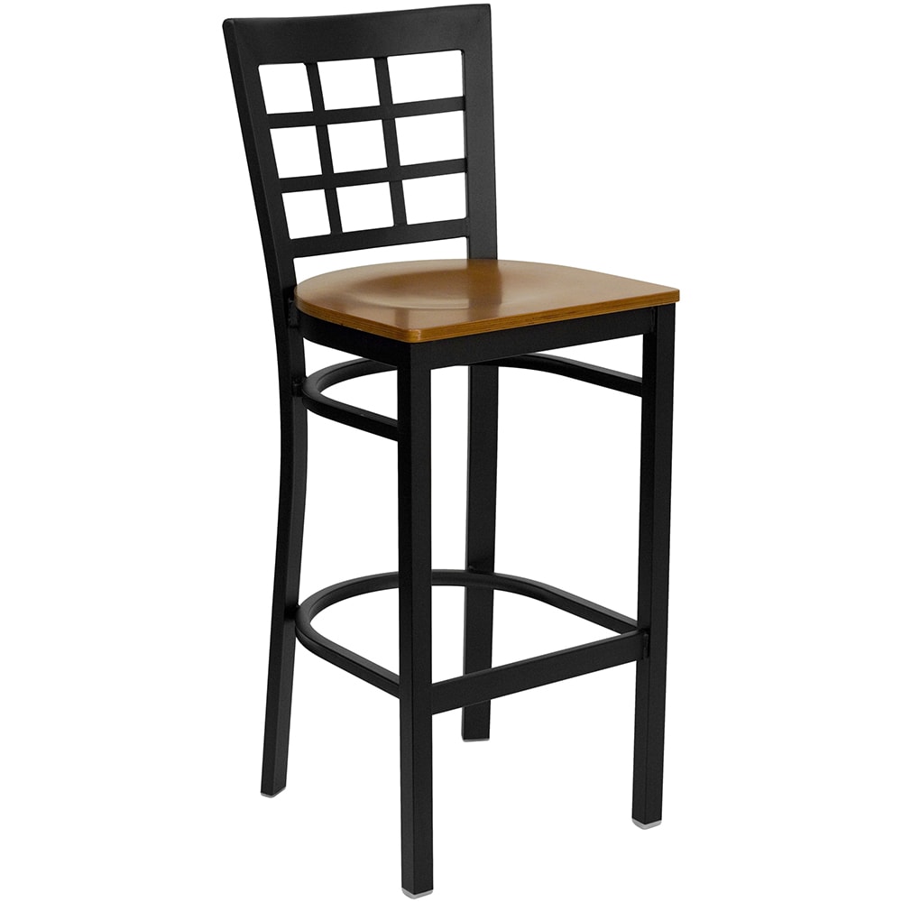 916-XDG6R7BWBCHYW Bar Stool w/ Metal Window Pane Back & Cherry Wood Seat, Black
