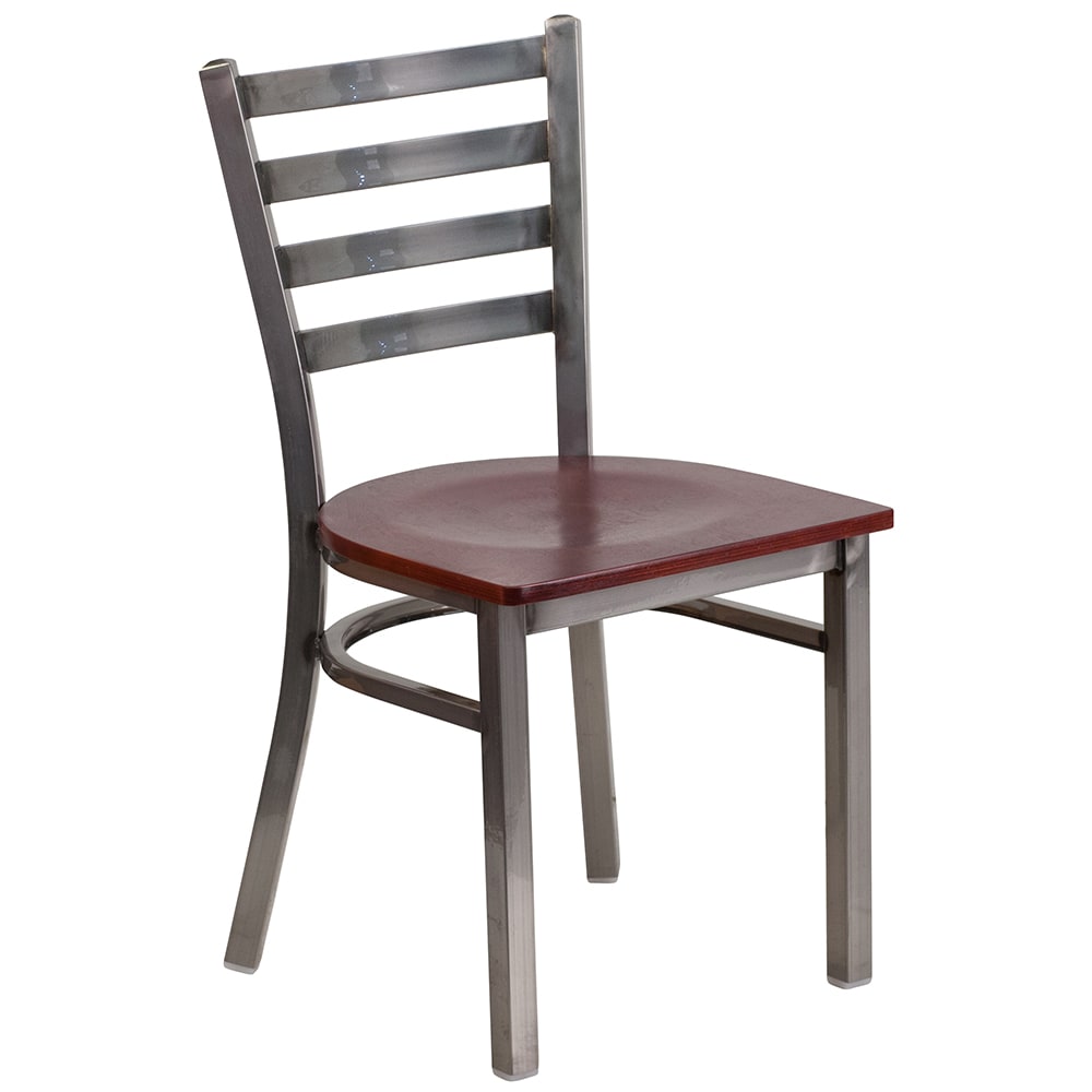 916-XDG694BLCLRMW Restaurant Chair w/ Ladder Back & Mahogany Wood Seat - Steel Frame, Silver