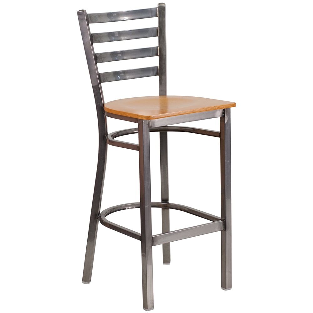 916-XUDG697BLADCLRBA Bar Stool w/ Metal Ladder Back & Natural Wood Seat, Clear Coat Steel