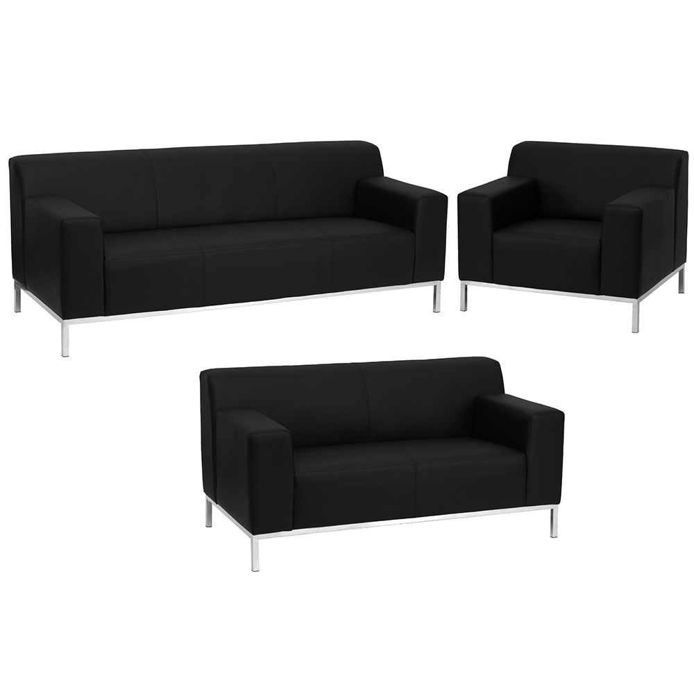916-DEF8009SETBK 3 Piece Reception Set - Black LeatherSoft Upholstery, Stainless Steel Legs