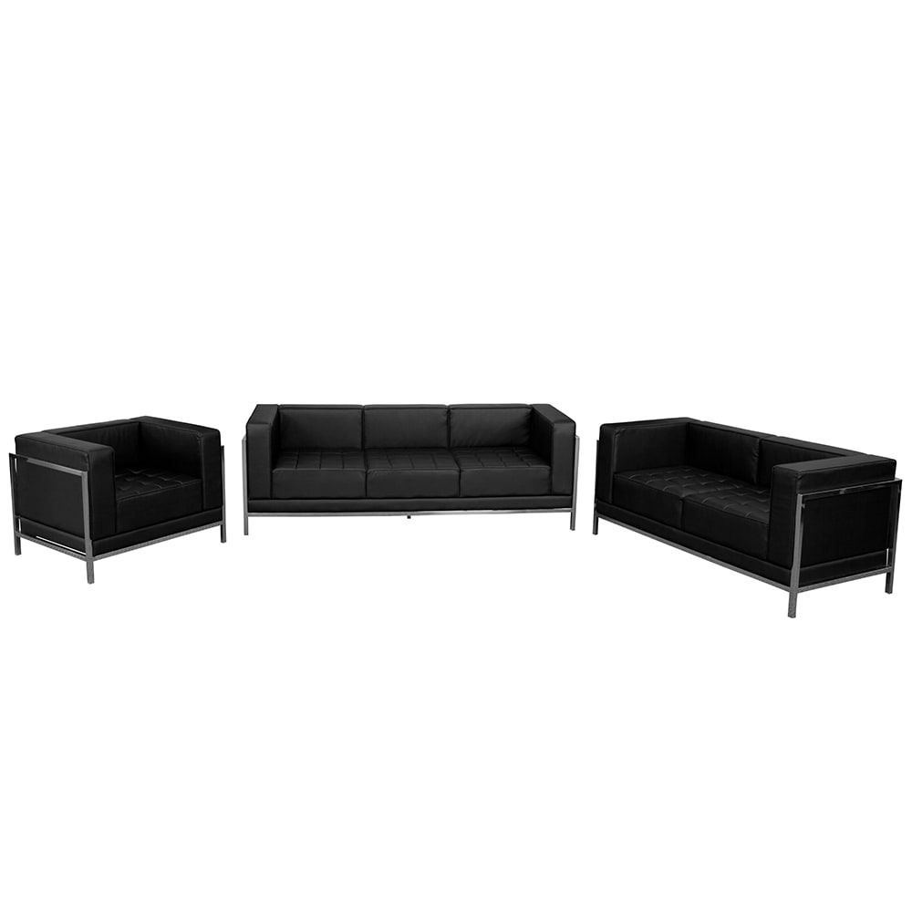 916-IMASET1 3 Piece Sofa Set - Black LeatherSoft Upholstery, Stainless Steel Legs