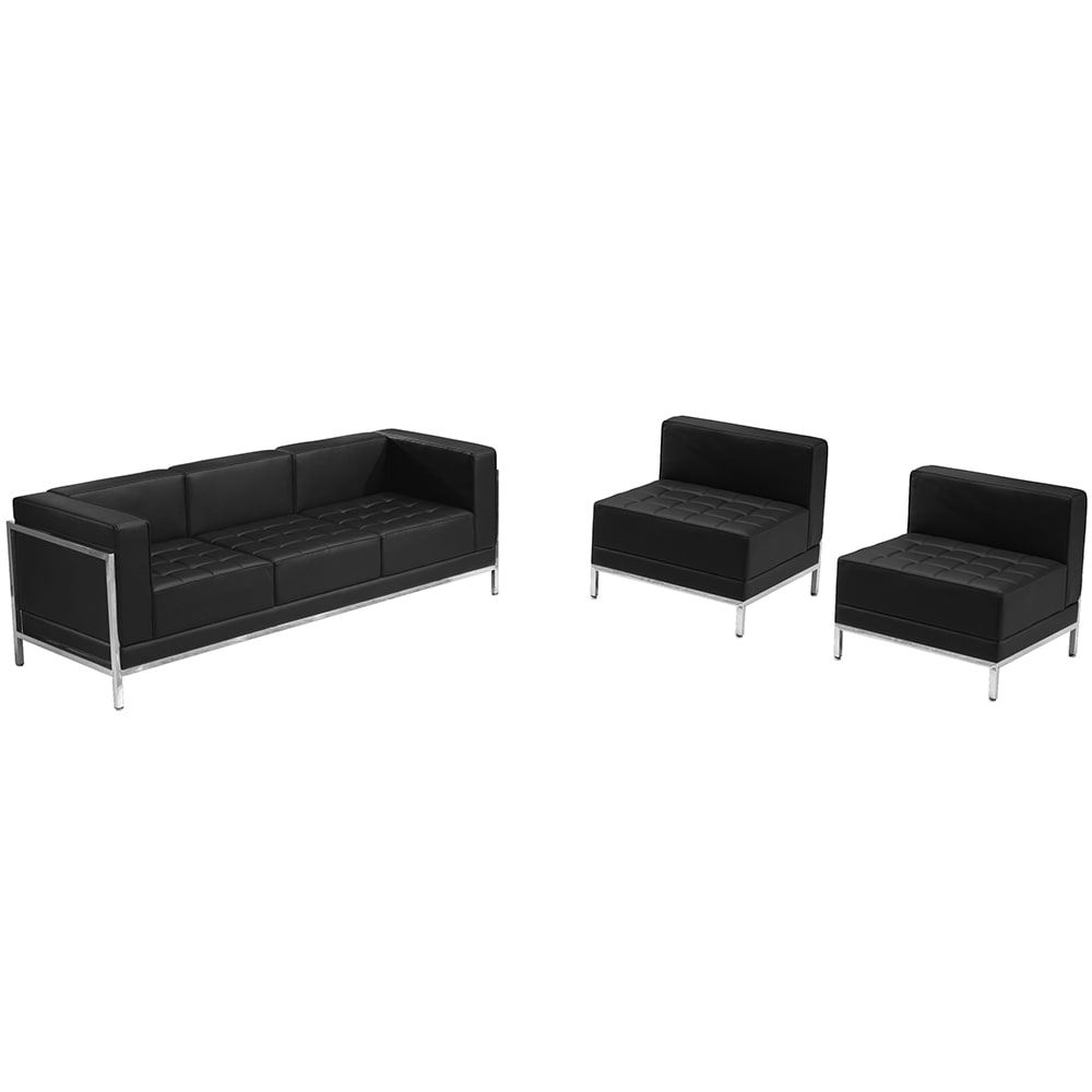 916-IMASET13 3 Piece Sofa Set - Black LeatherSoft Upholstery, Stainless Steel Legs