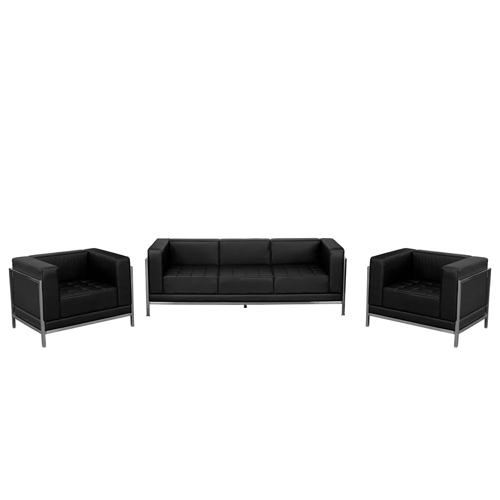 916-IMASET3 3 Piece Sofa Set - Black LeatherSoft Upholstery, Stainless Steel Legs