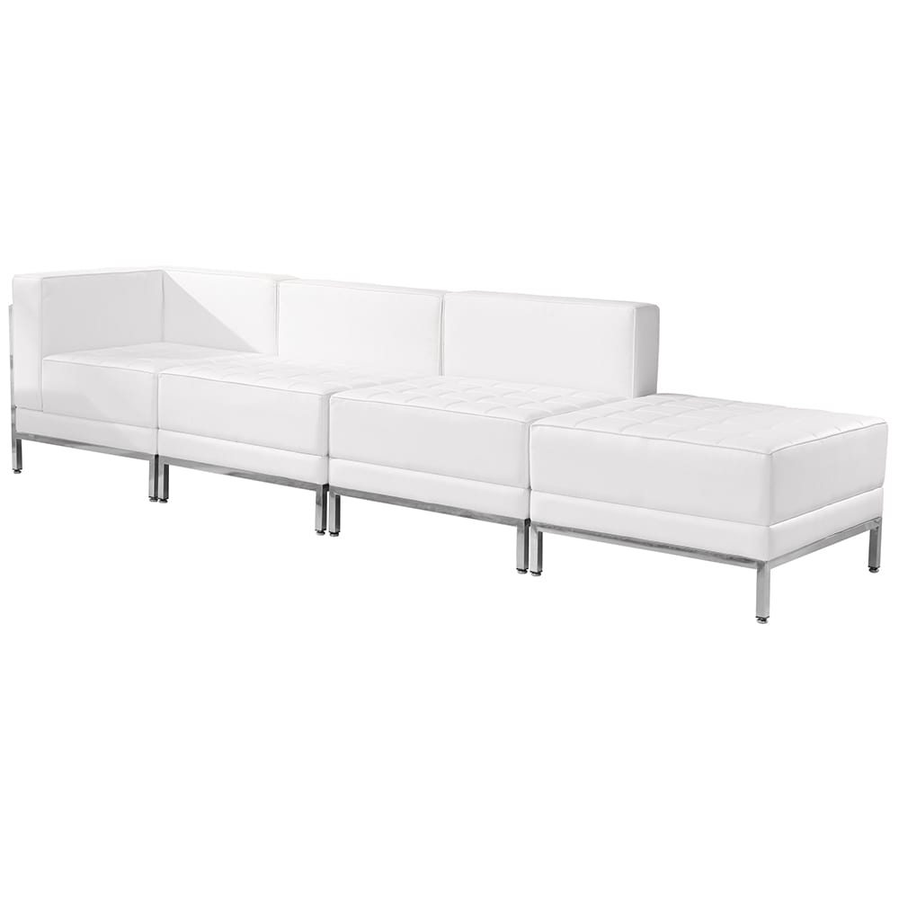 916-IMASET9WH 4 Piece Modular Chair & Ottoman Set - White LeatherSoft Upholstery, Stainless L...