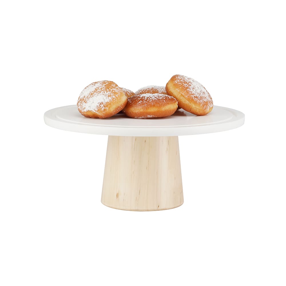 151-2237812571 12" Round Cake Stand w/ White Corian Plate - 5"H, Maple Wood Base