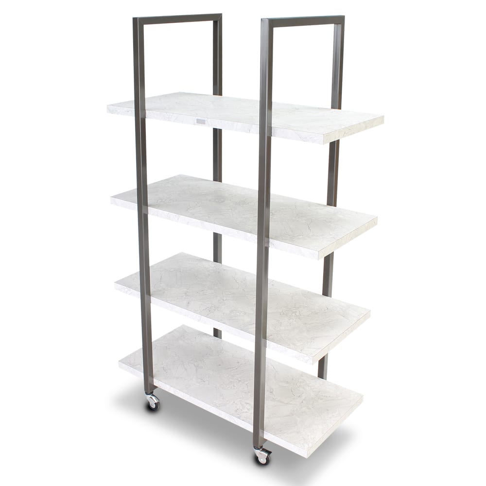 650-6503 Mobile Display Tower w/ (4) Laminate Shelves & Brushed Steel Frame - 48"L x 24&...